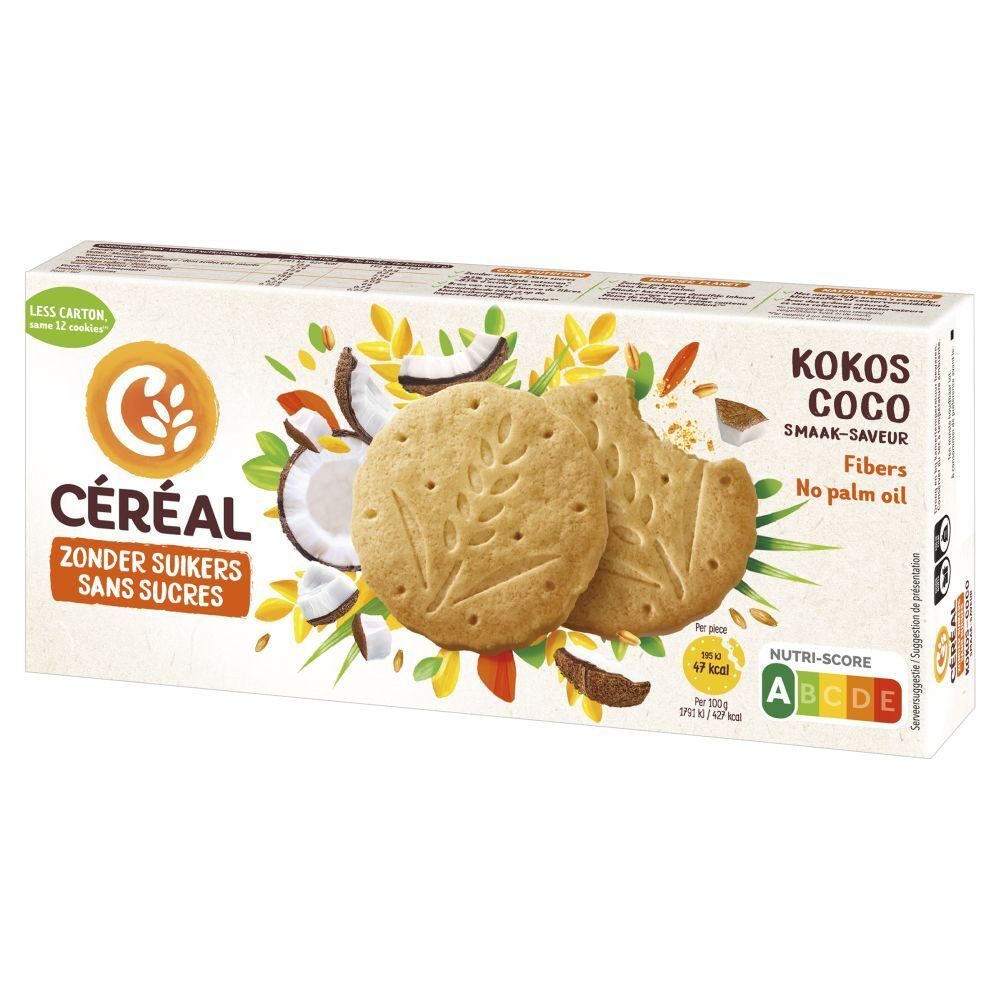 Verpakking CÉRÉAL koekjes. Opschrift: ZONDER SUIKERS, SANS SUCRES, Kokos Coco. Vezels, geen palmolie. Nutri-Score logo.