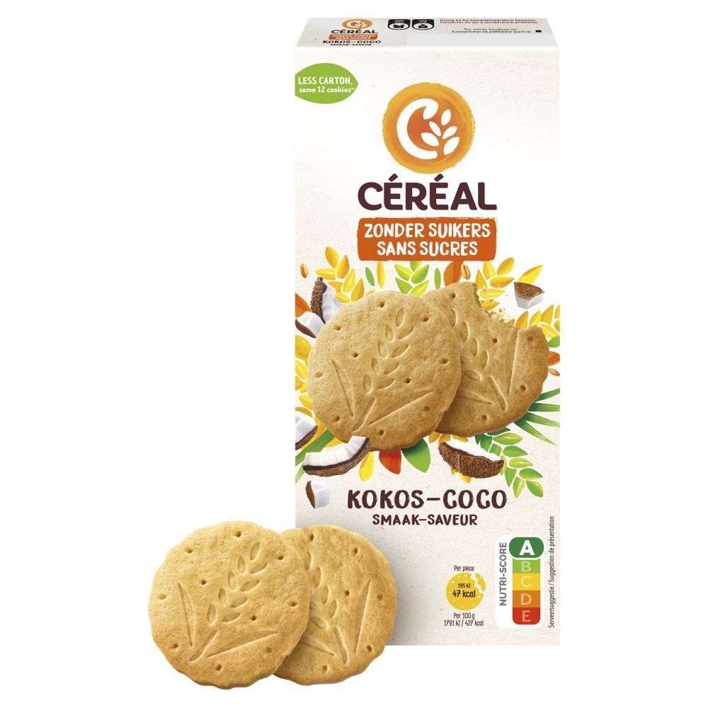 Verpakking CÉRÉAL koekjes. Opschrift: ZONDER SUIKERS, SANS SUCRES, Kokos Coco. Vezels, geen palmolie. Nutri-Score.