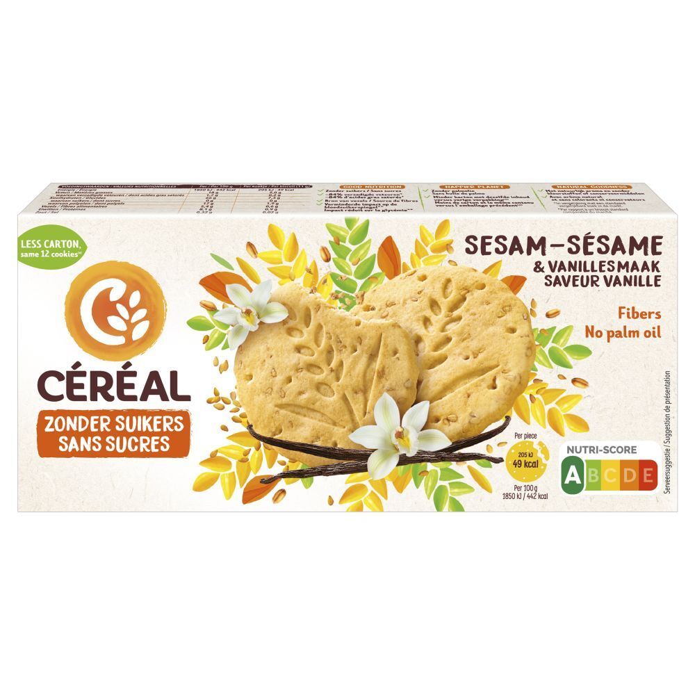 Céréal Sesam-Sesam & Vanille smaak. Verpakking met koekjes, vanille en sesam decoratie. Nutri-Score label.