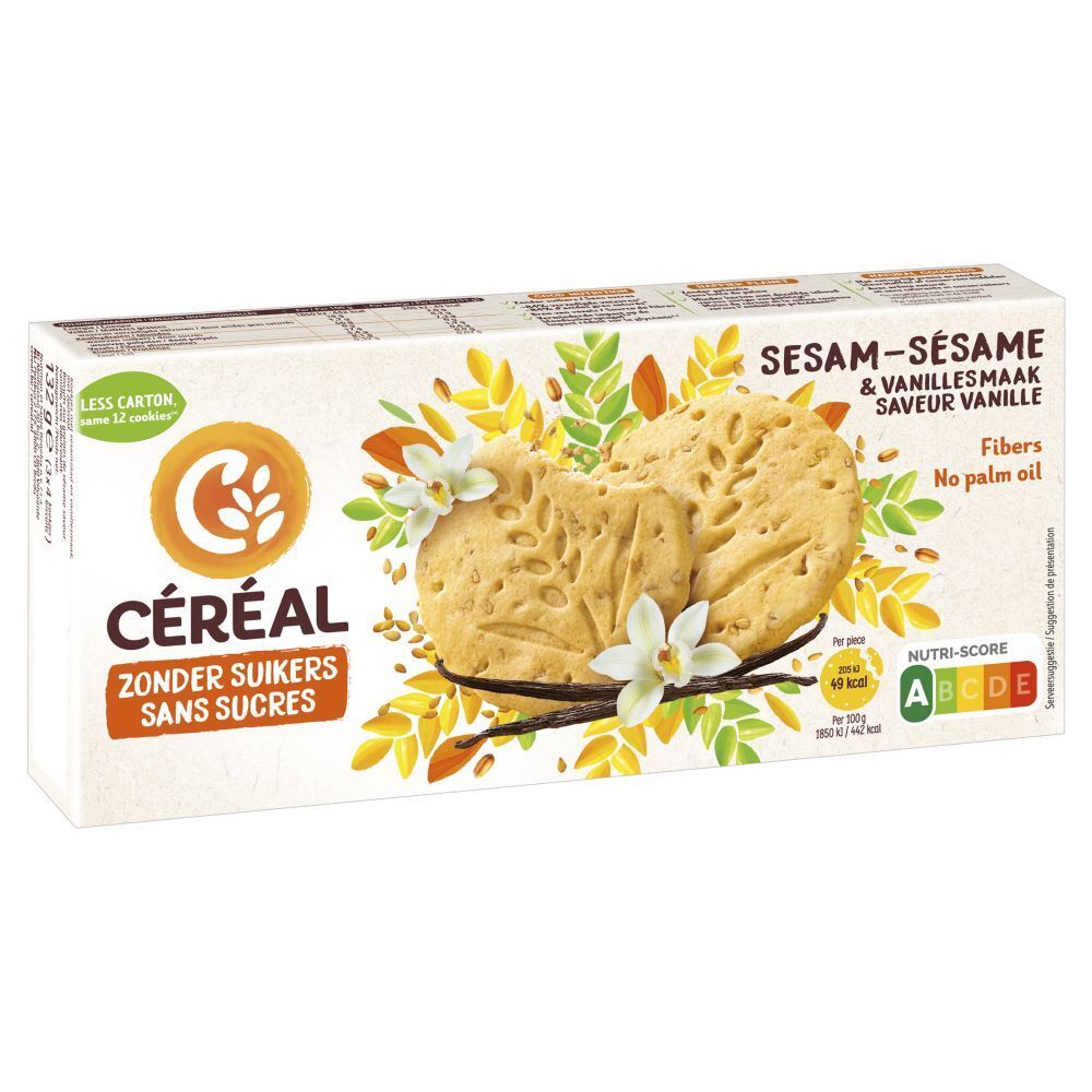 Céréal Sesam-Sesam & Vanille smaak. Verpakking met koekjes, vanille en sesam decoratie. Nutri-Score label.