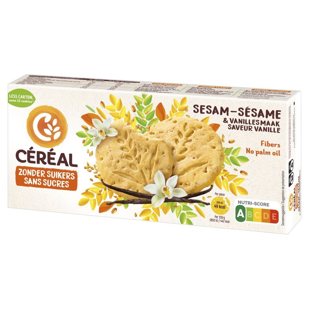 Céréal Sesam-Sesam & Vanille smaak. Verpakking met koekjes, vanille en sesam decoratie. Nutri-Score label.
