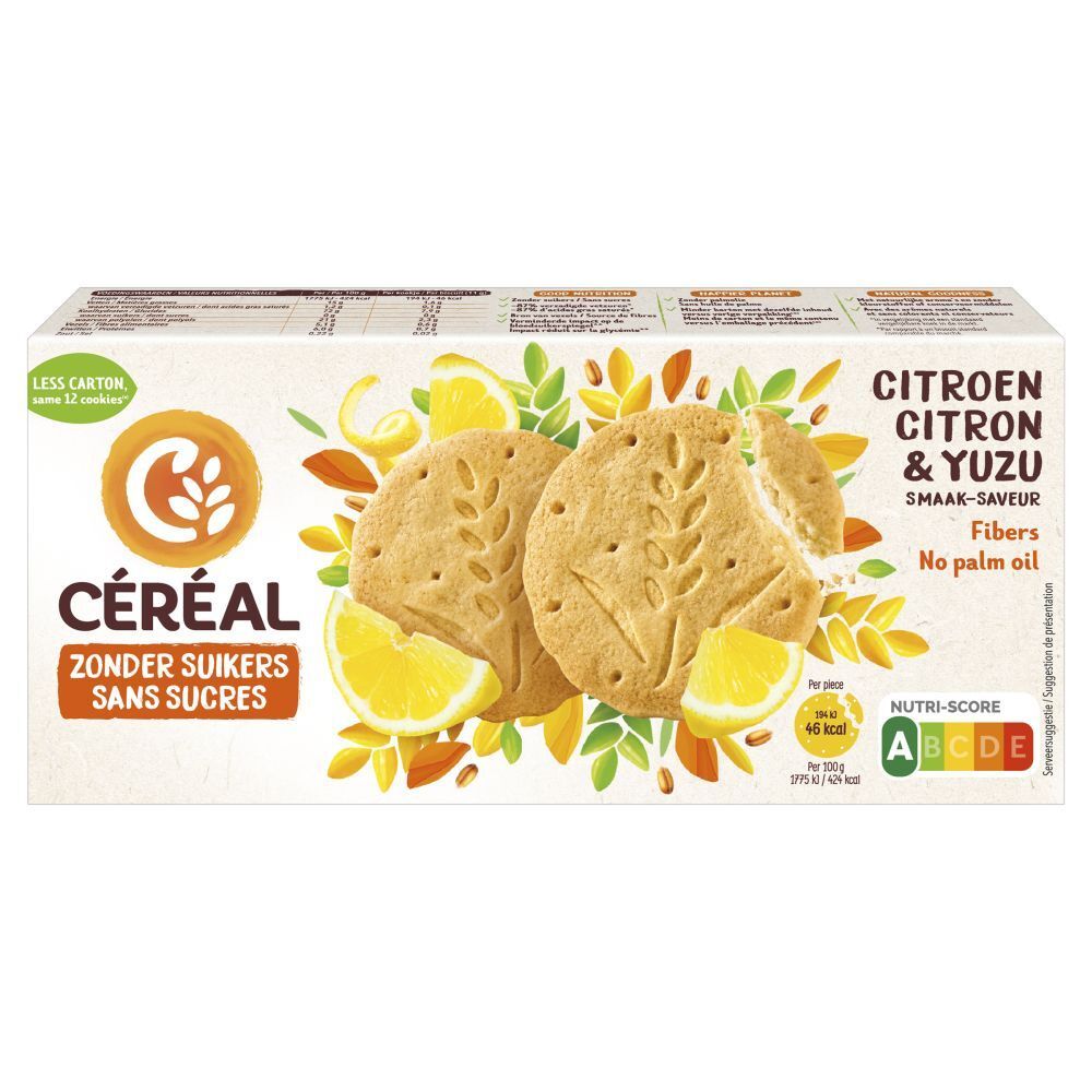 Verpakking CÉRÉAL koekjes Citroen & Yuzu. Afbeeldingen van citroenen en yuzu. Tekst: Zonder Suikers, Sans Sucres. Fibers.