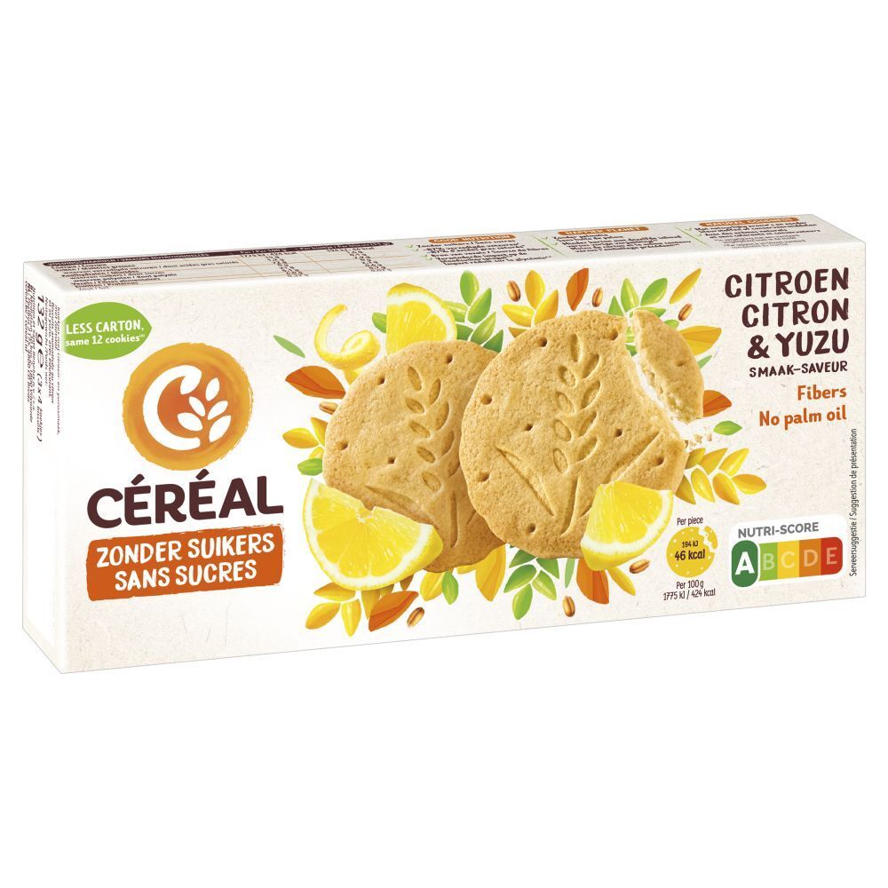 Verpakking CÉRÉAL koekjes Citroen & Yuzu. Afbeeldingen van citroenen en yuzu. Tekst: Zonder Suikers, Sans Sucres. Fibers.