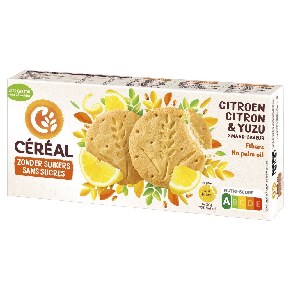 Verpakking CÉRÉAL koekjes Citroen & Yuzu. Afbeeldingen van citroenen en yuzu. Tekst: Zonder Suikers, Sans Sucres. Fibers.