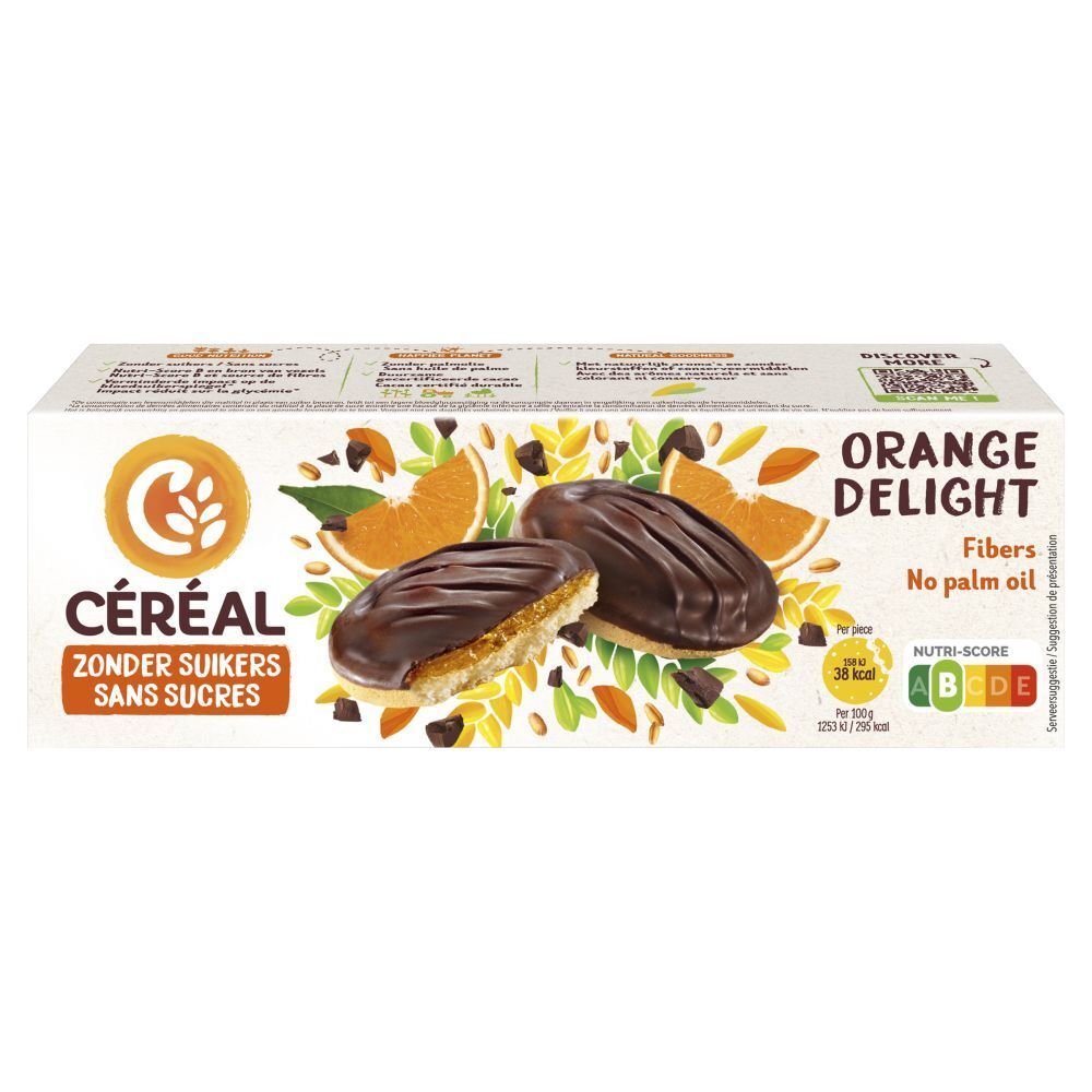 Verpakking met koekjes. Opschrift: CÉREAL, ZONDER SUIKERS, SANS SUCRES, ORANGE DELIGHT, Vezels, geen palmolie. Voedingswaarde.