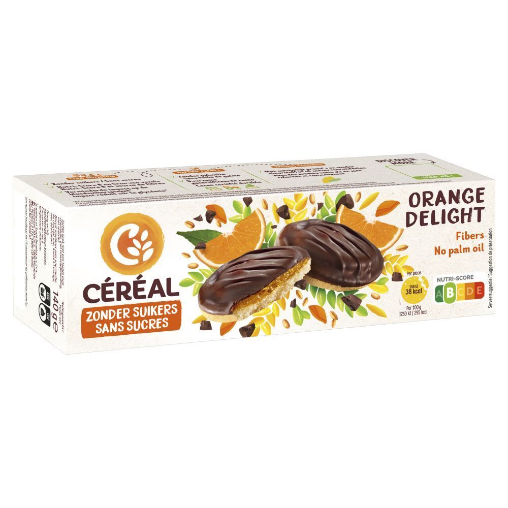 Verpakking met koekjes. Opschrift: CÉREAL, ZONDER SUIKERS, SANS SUCRES, ORANGE DELIGHT, Vezels, geen palmolie. Voedingswaarde.