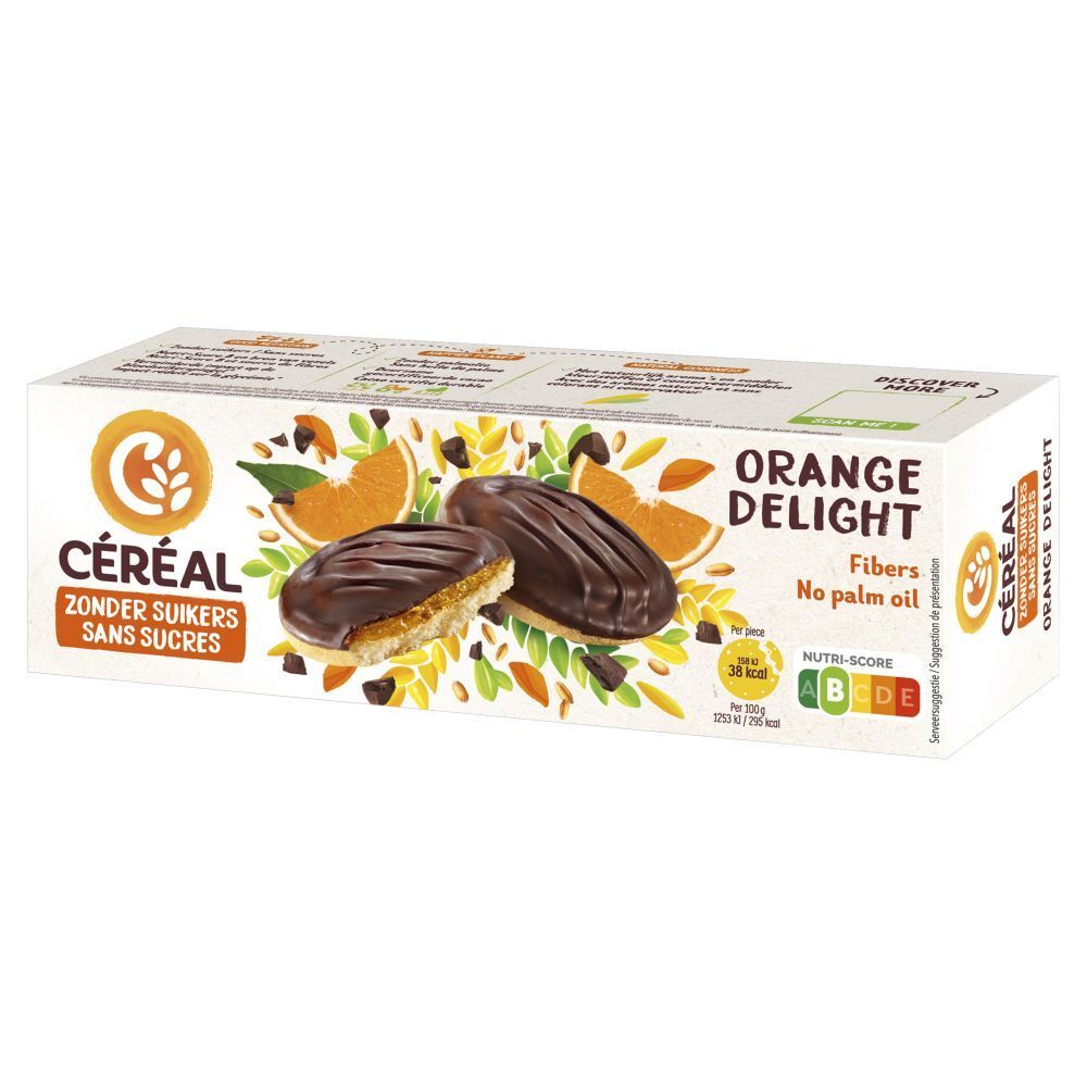 Verpakking met koekjes. Opschrift: CÉREAL, ZONDER SUIKERS, SANS SUCRES, ORANGE DELIGHT, Vezels, geen palmolie. Voedingswaarde.