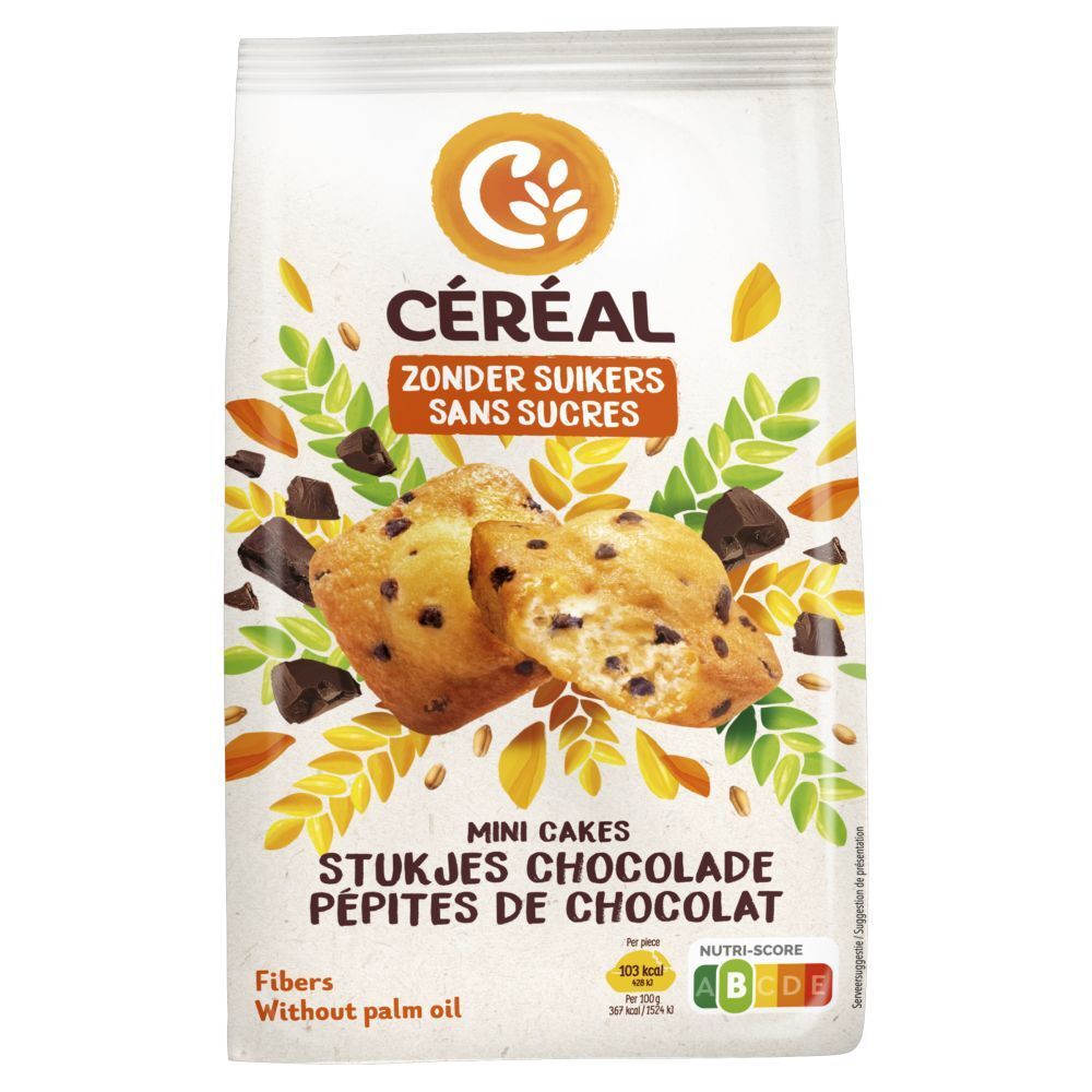 Verpakking van CERÉAL Mini Cakes Schoko Chips Zuckerfrei. Opschrift: Zonder Suikers, Sans Sucres. Afbeelding van cakejes.