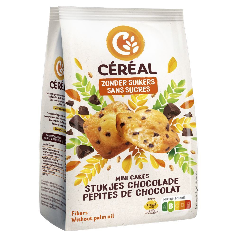 Verpakking van CERÉAL Mini Cakes Schoko Chips Zuckerfrei. Opschrift: Zonder Suikers, Sans Sucres. Afbeelding van cakejes.