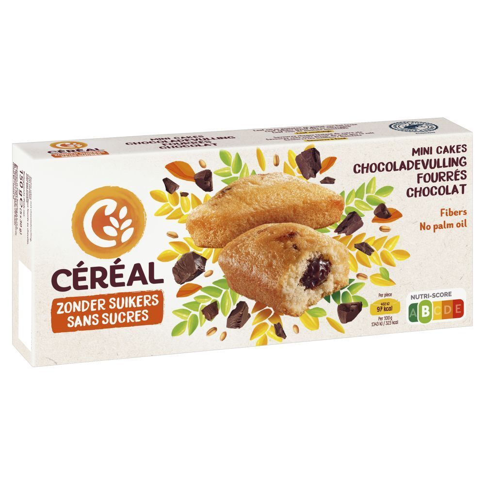 Verpakking van CERÉAL Mini Cakes met chocoladevulling zonder suiker. Twee cakes met chocoladevulling, bladeren en stukjes chocolade.