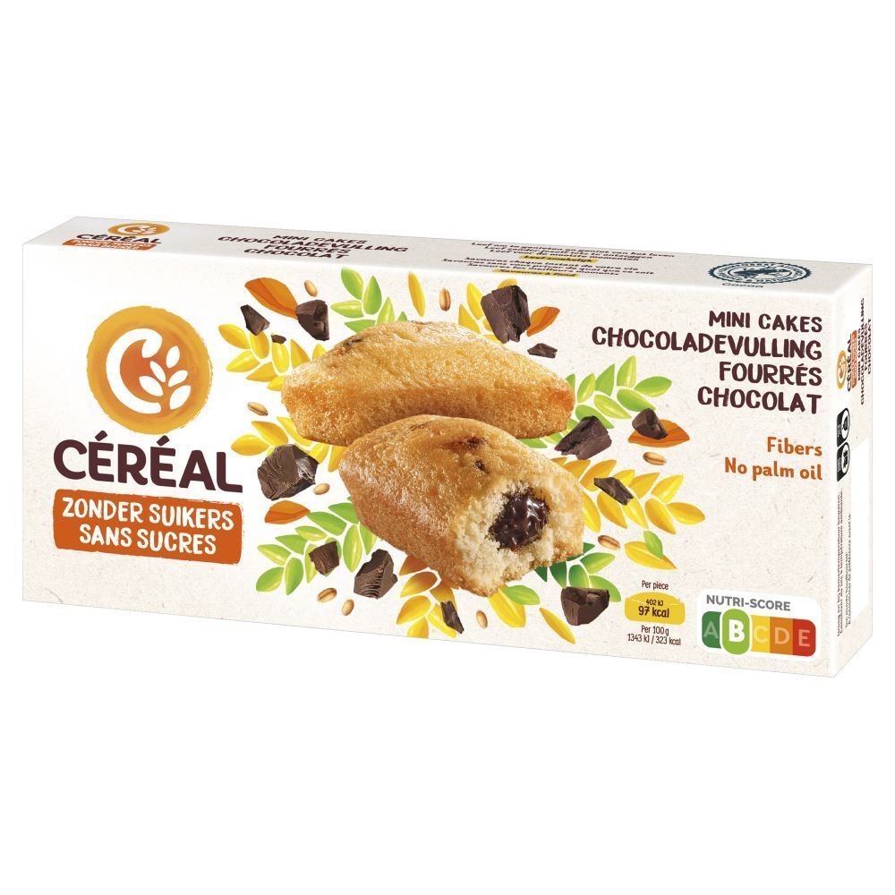 Verpakking van CERÉAL Mini Cakes met chocoladevulling zonder suiker. Twee cakes met chocoladevulling, bladeren en stukjes chocolade.