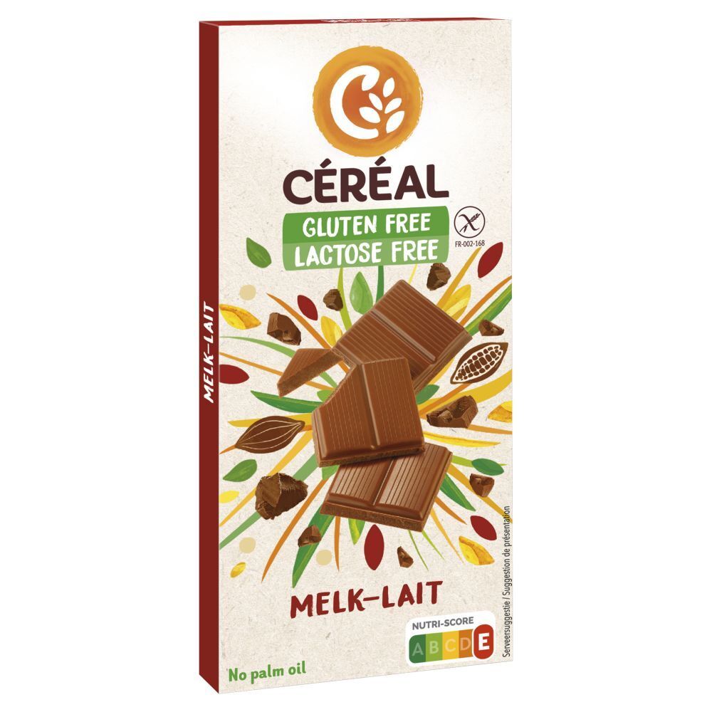 Schokoladentafel Céréal, glutenfrei, laktosefrei. Gezeigt sind Schokoladenstücke und Zutaten auf der Verpackung.