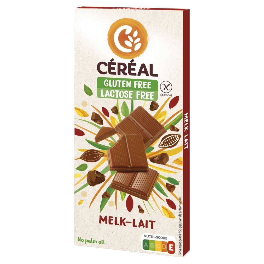 Schokoladentafel Céréal, glutenfrei, laktosefrei. Gezeigt sind Schokoladenstücke und Zutaten auf der Verpackung.