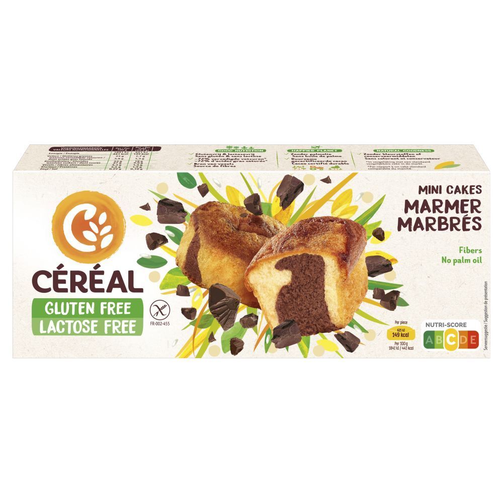 Verpackung mit CERECAL Mini Marmorkuchen, gluten- und laktosefrei. Kuchen mit Schokoladenstückchen.