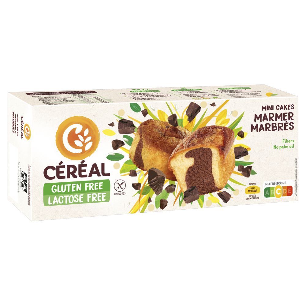 Verpackung mit CERECAL Mini Marmorkuchen, gluten- und laktosefrei. Kuchen mit Schokoladenstückchen.