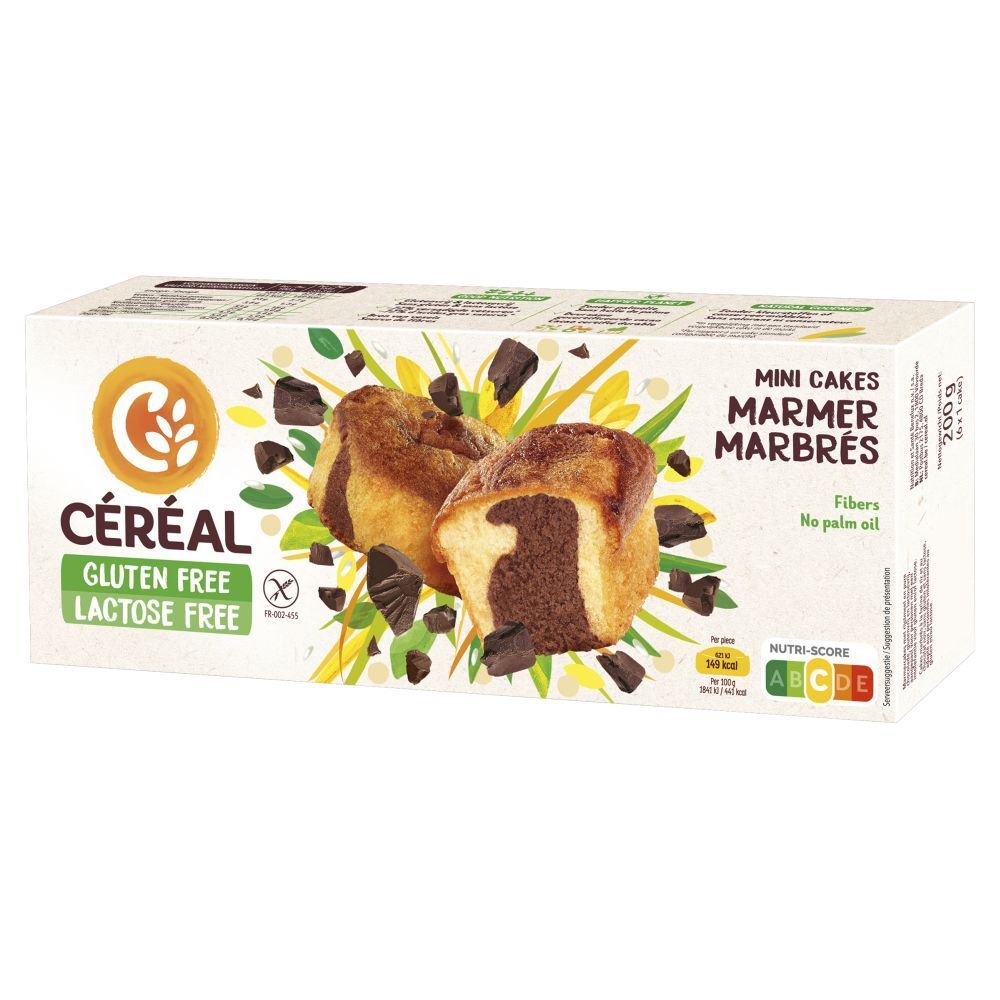 Verpackung mit CERECAL Mini Marmorkuchen, gluten- und laktosefrei. Kuchen mit Schokoladenstückchen.