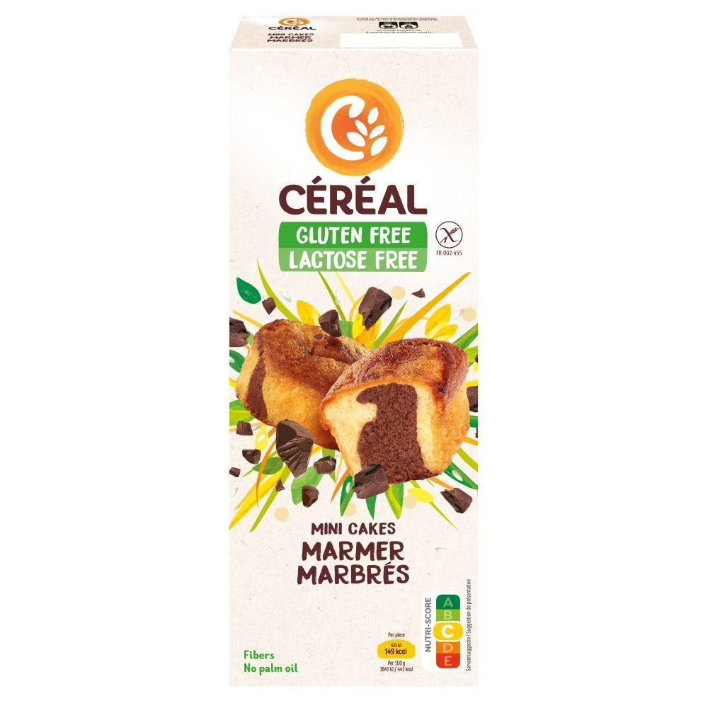Verpackung mit CERECAL Mini Marmorkuchen, gluten- und laktosefrei. Kuchen mit Schokoladenstückchen.