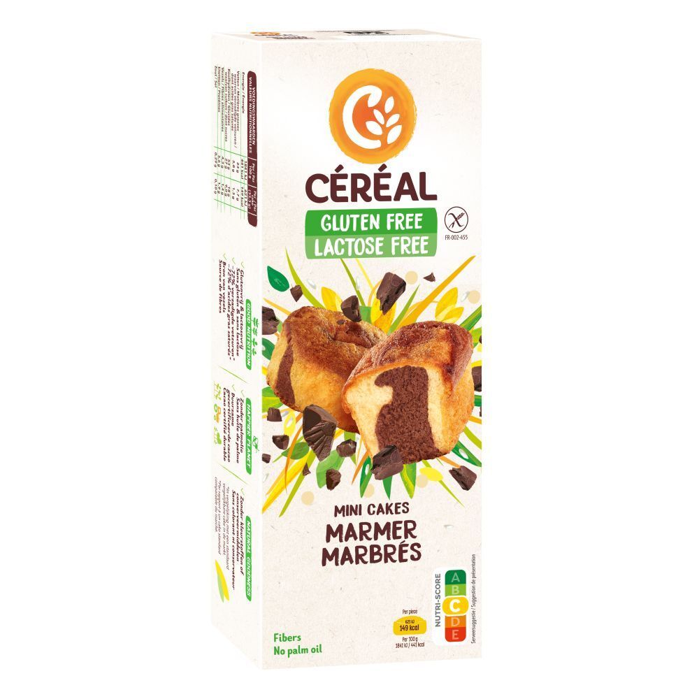 Verpackung mit CERECAL Mini Marmorkuchen, gluten- und laktosefrei. Kuchen mit Schokoladenstückchen.