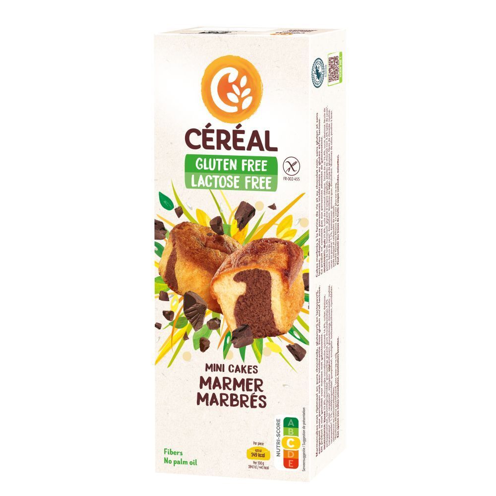 Verpackung mit CERECAL Mini Marmorkuchen, gluten- und laktosefrei. Kuchen mit Schokoladenstückchen.