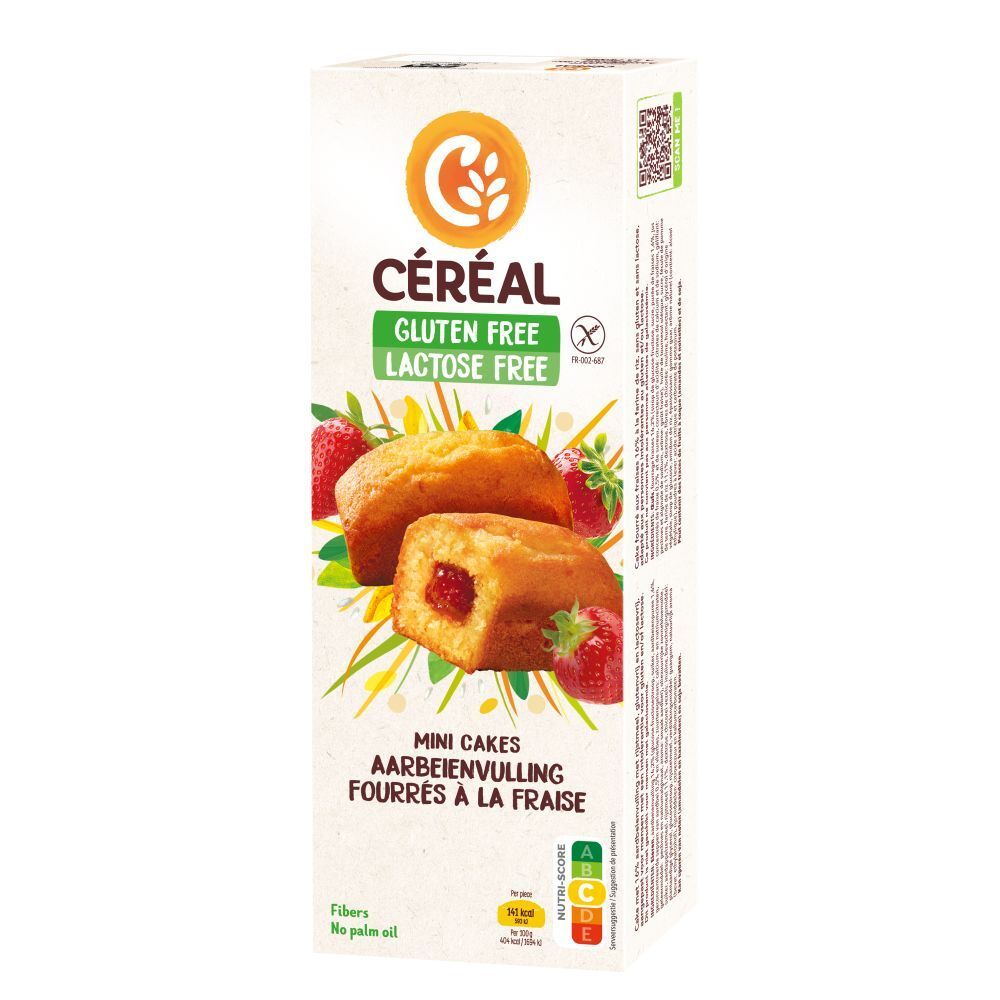 Verpackung mit Mini-Kuchen mit Erdbeerfüllung. Glutenfrei, laktosefrei. Marke Céréal. Mit Erdbeeren dekoriert.