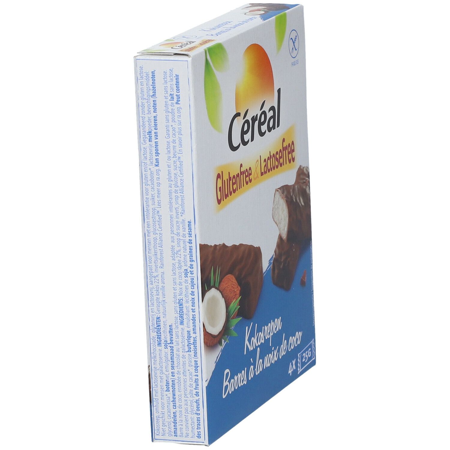 Schuine weergave van de Céréal kokosrepen verpakking. Glutenvrij & lactosevrij. Tekst en afbeeldingen van kokosnoot en repen.