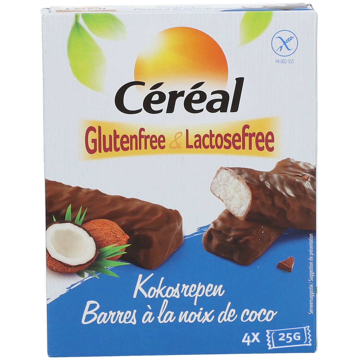 Céréal kokosrepen verpakking. Glutenvrij & lactosevrij. 4 repen van 25g. Afbeelding van kokosnoot en repen.