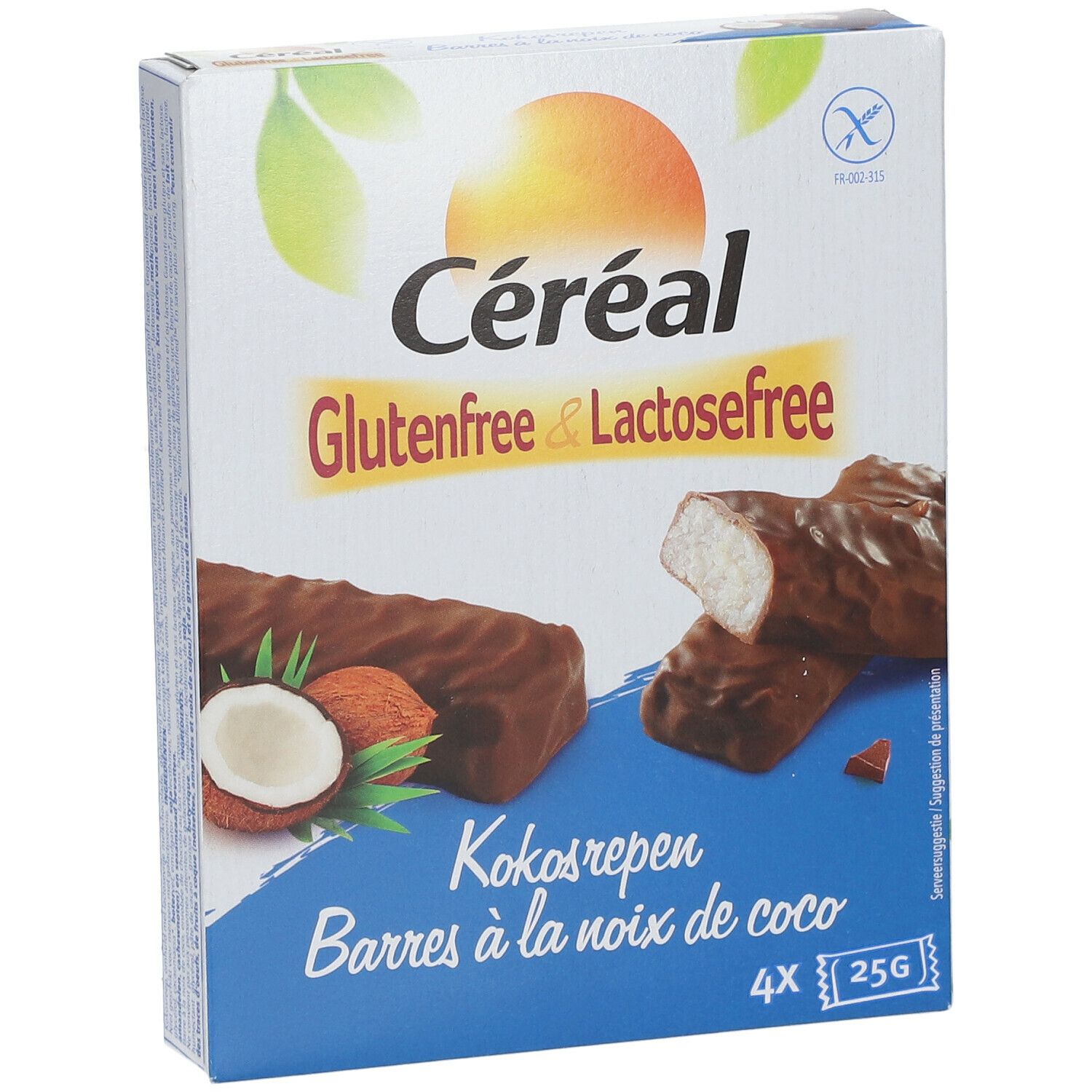 Céréal kokosrepen verpakking. Glutenvrij & lactosevrij. 4 repen van 25g. Afbeelding van kokosnoot en repen.