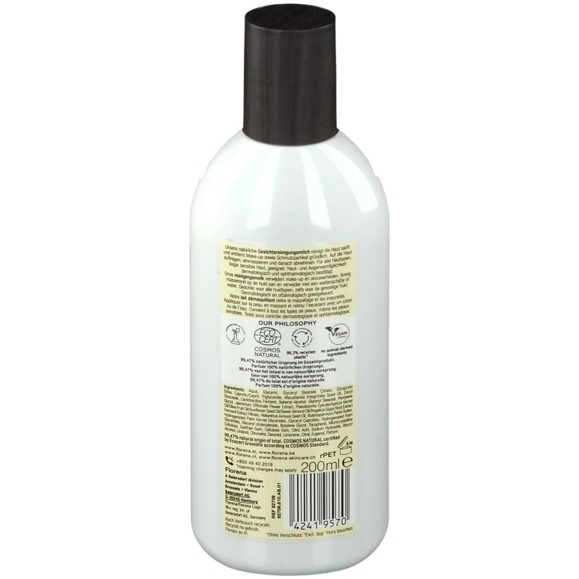 Rückseite der weißen Flasche. Textinformationen und Logos. Volumenangabe: 200ml.