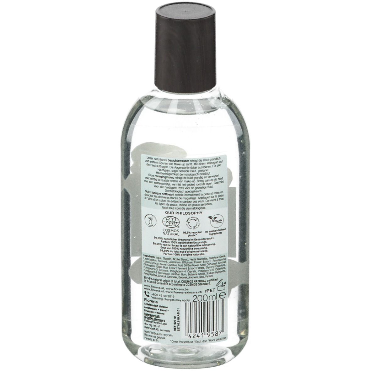 Heldere vloeistof in een fles met zwarte dop. Etiket met tekst en logo's. 200ml-aanduiding.