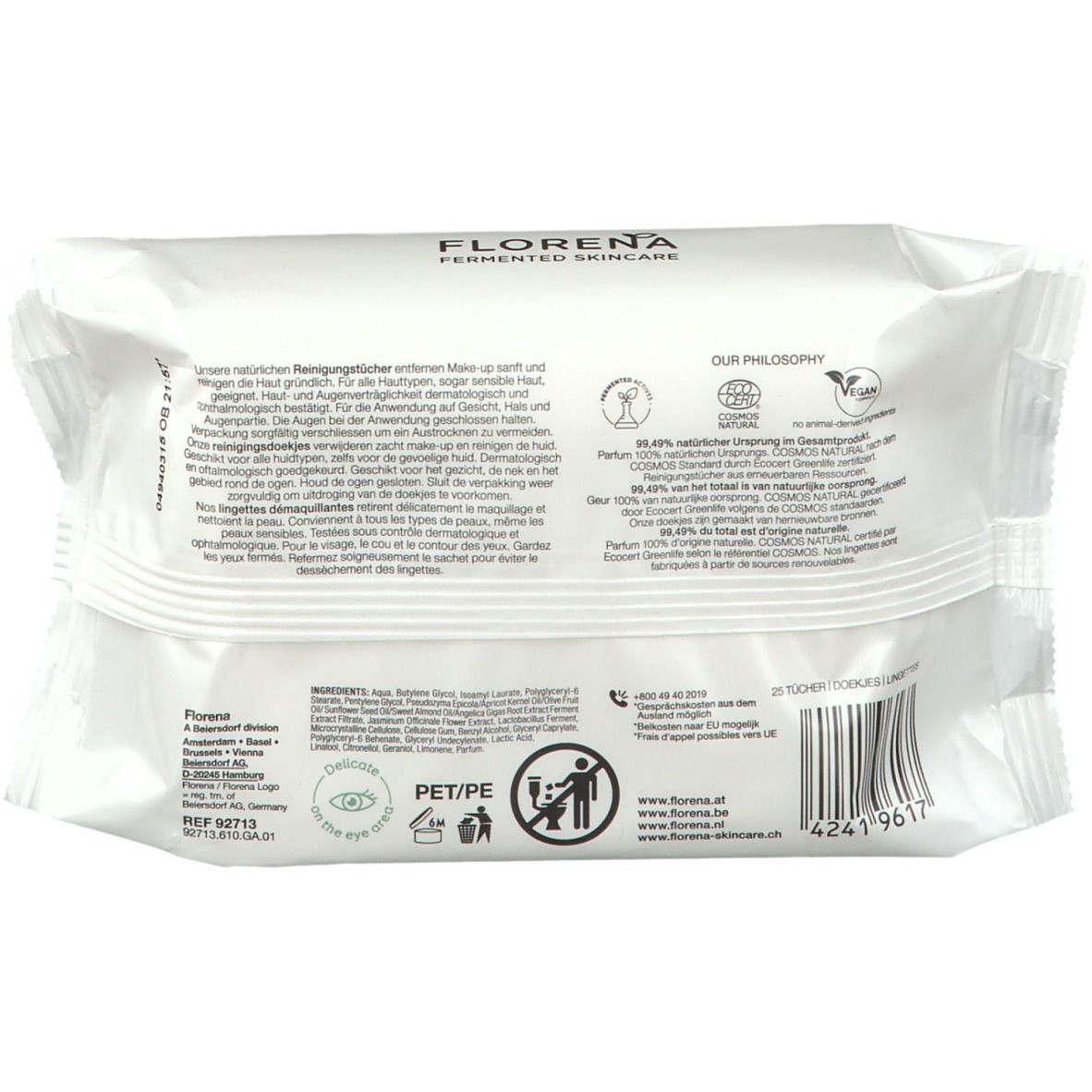Weiße Verpackung mit Text und Logo von FLORENA Fermented Skincare. Siegel: COSMOS NATURAL, Vegan, dermatologisch getestet.