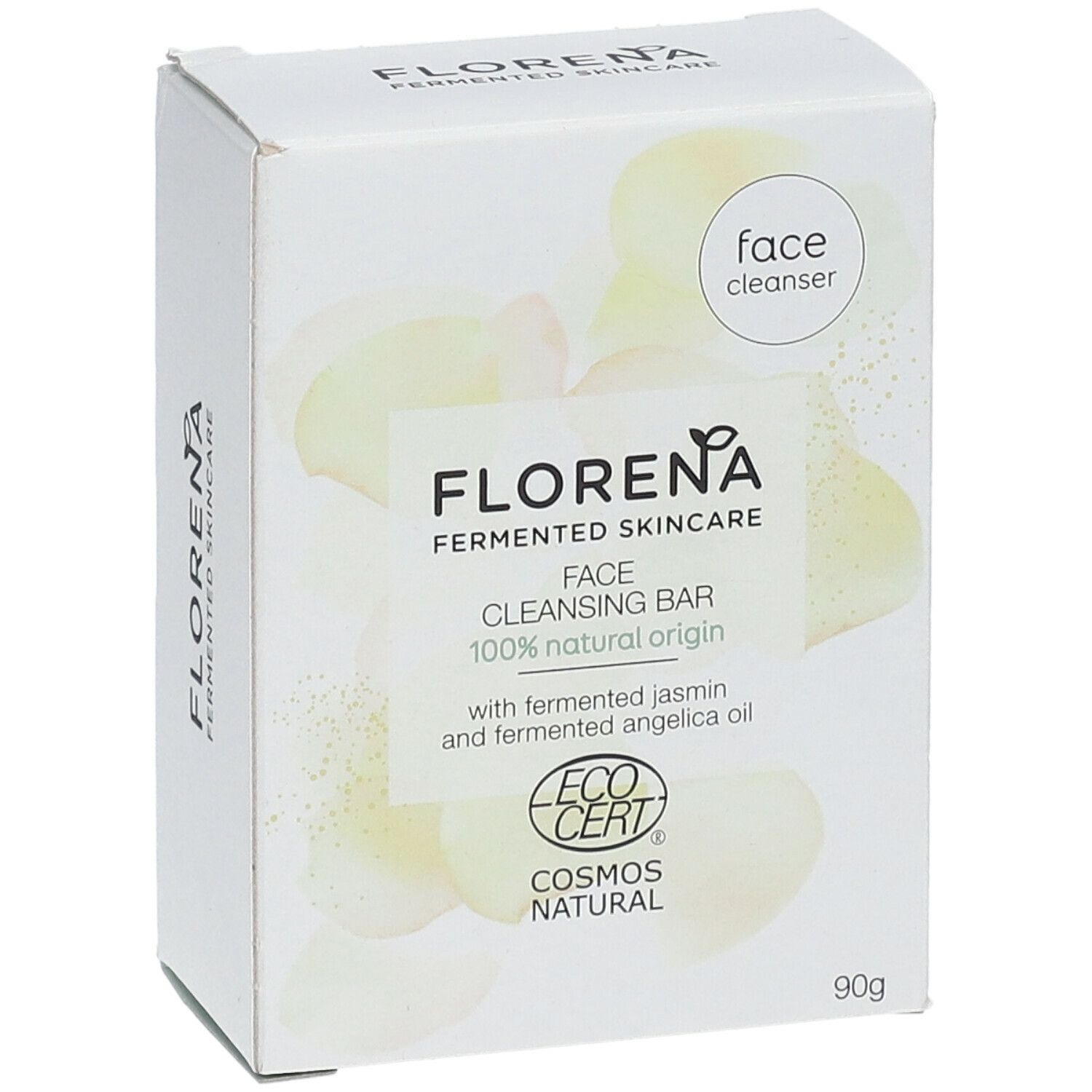 Witte verpakking met FLORENA-logo en productinformatie. Opschrift: Face Cleansing Bar, 100% natural origin. ECOCERT-certificering.
