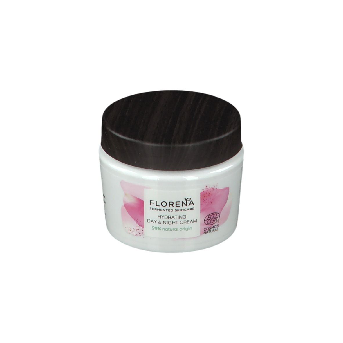 Witte pot met bruin deksel. Opschrift: FLORENA, Hydrating Day & Night Cream. Roze bloemenpatroon en COSMOS NATURAL.