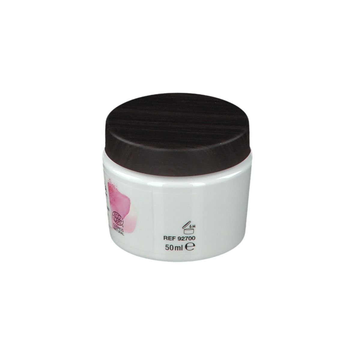 Witte pot met bruin deksel. Opschrift: REF 92700, 50ml e. Roze bloemenpatroon op de zijkant.