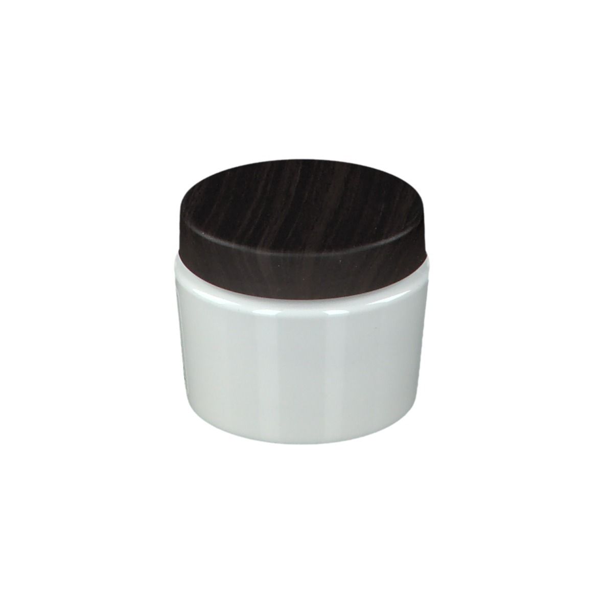 Witte pot met bruin deksel. Geen andere opschriften of patronen zichtbaar.