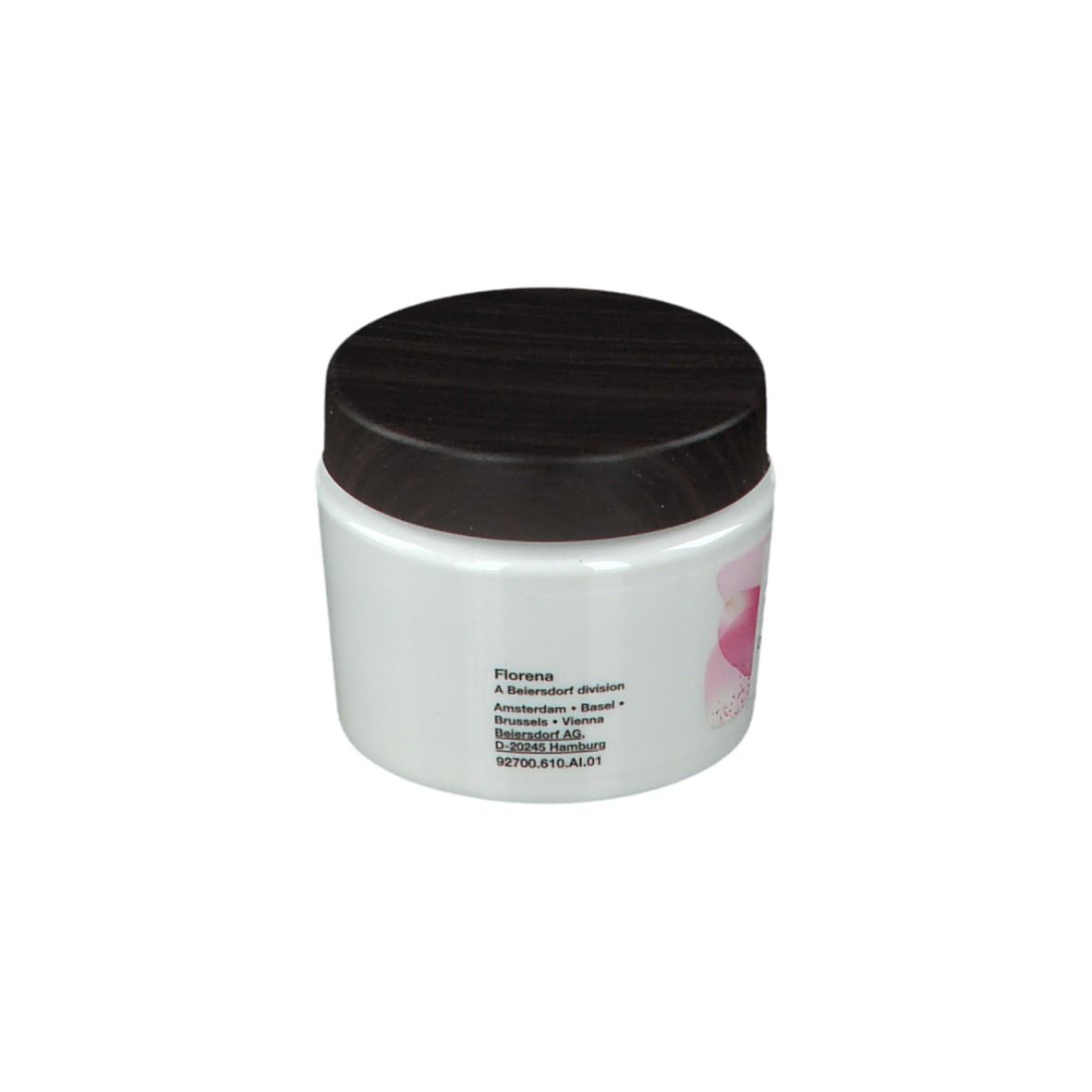 Witte pot met bruin deksel. Opschrift: Florena, adres. Roze bloemenpatroon op de zijkant.