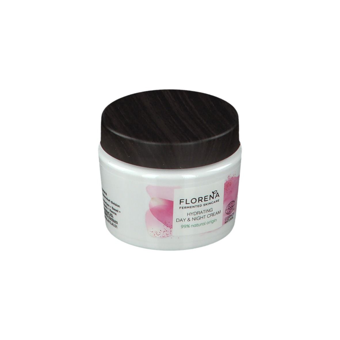Witte pot met bruin deksel. Opschrift: FLORENA, Hydrating Day & Night Cream. Roze bloemenpatroon en COSMOS NATURAL.