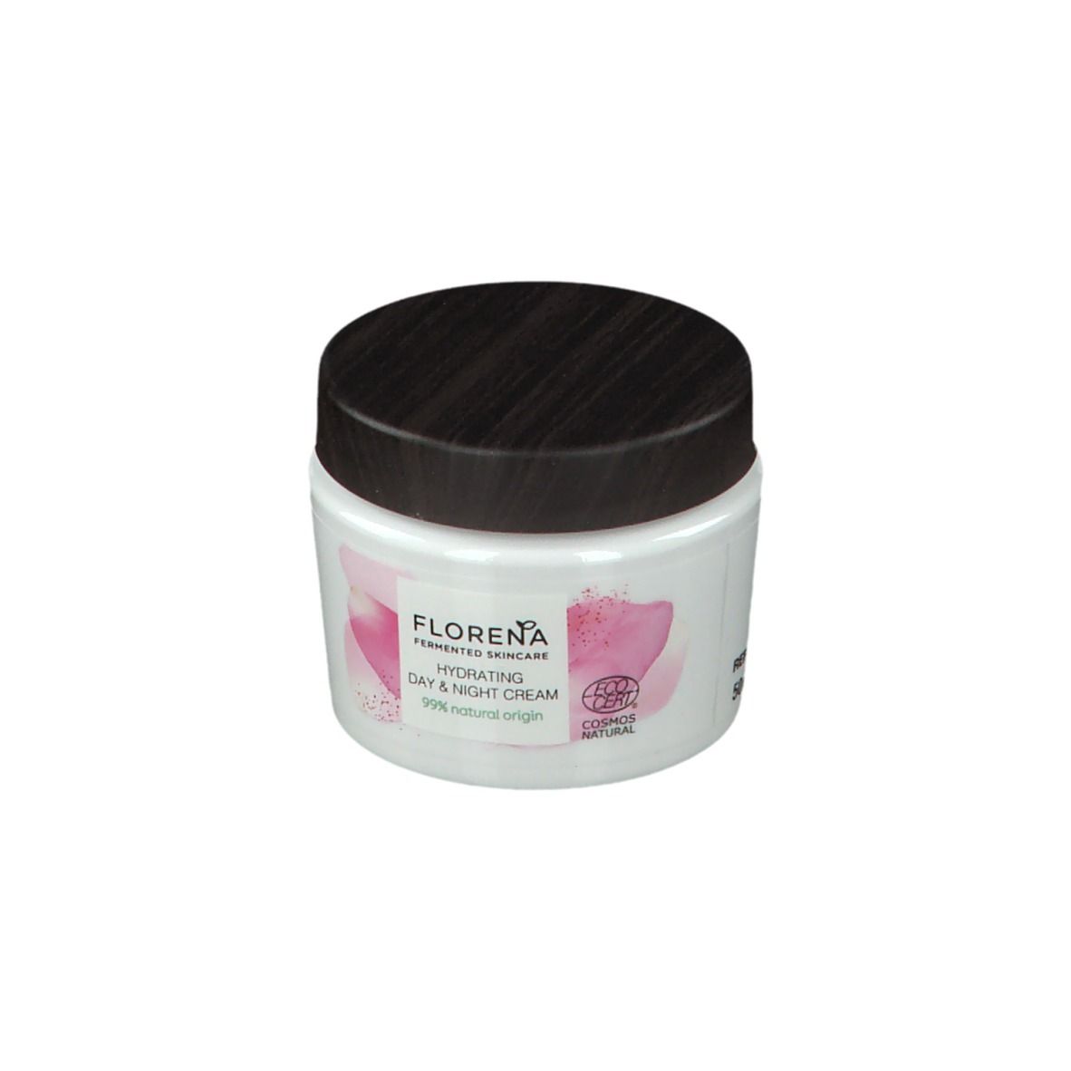 Witte pot met bruin deksel. Opschrift: FLORENA, Hydrating Day & Night Cream. Roze bloemenpatroon en COSMOS NATURAL.