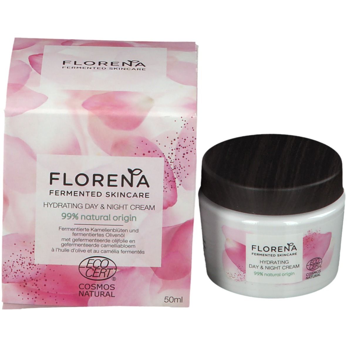 Productverpakking en pot. Verpakking met opschrift: FLORENA, Hydrating Day & Night Cream. Pot met bruin deksel.