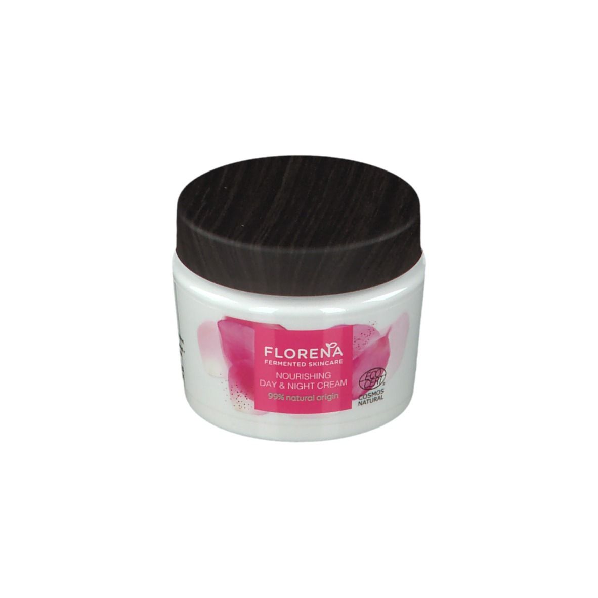 Weißer Tiegel mit schwarzem Deckel. Rosa Etikett mit Schriftzug FLORENA und Produktbezeichnung. Bio-Zertifizierung.