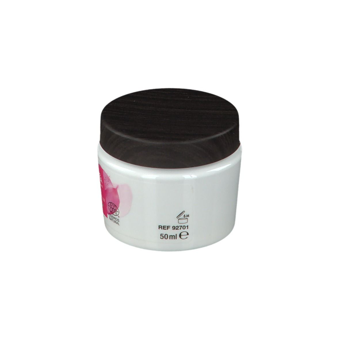 Weißer Tiegel mit schwarzem Deckel. Rosa Designelemente. Aufschrift und 50ml Angabe. REF 92701.
