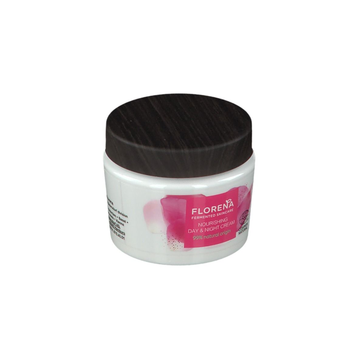 Weißer Tiegel mit schwarzem Deckel. Rosa Etikett mit Schriftzug FLORENA und Produktbezeichnung. Bio-Zertifizierung.