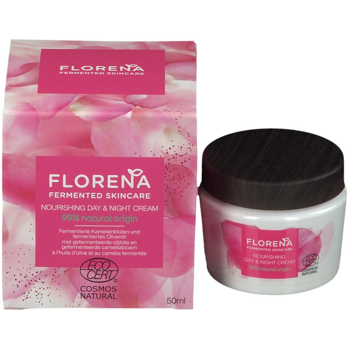 Produktverpackung mit Tiegel und Karton. Tiegel mit schwarzem Deckel. Karton mit Schriftzug FLORENA und Produktbezeichnung.