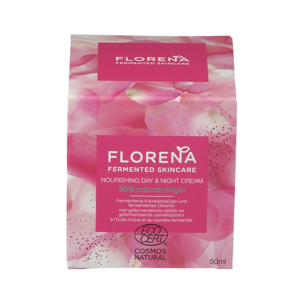 Produktverpackung. Karton mit Schriftzug FLORENA und Produktbezeichnung. Bio-Zertifizierung. 50ml.
