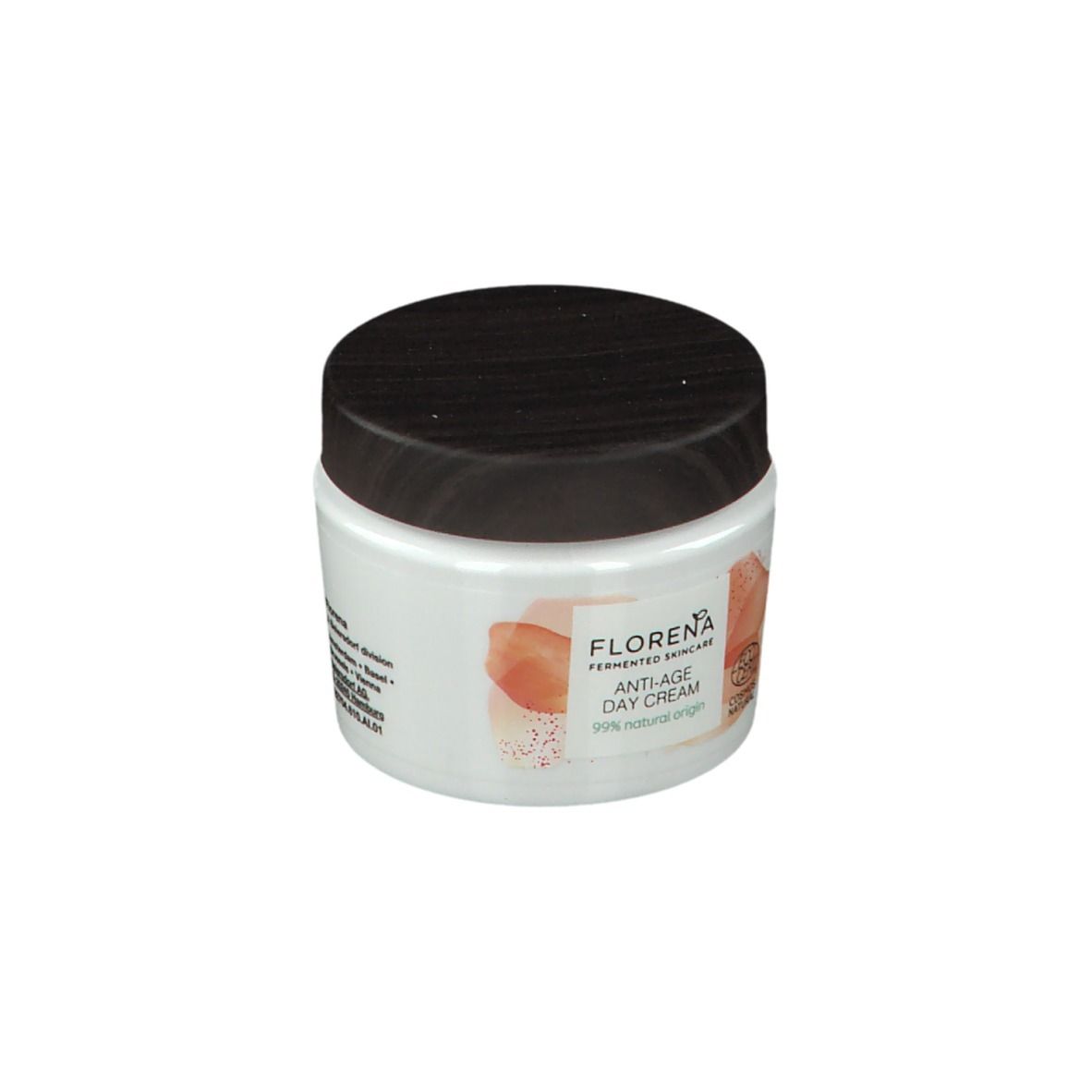 Weißes Tiegel mit schwarzem Deckel. Aufschrift FLORENA Anti-Age Day Cream. Mit COSMOS NATURAL Zertifizierung.
