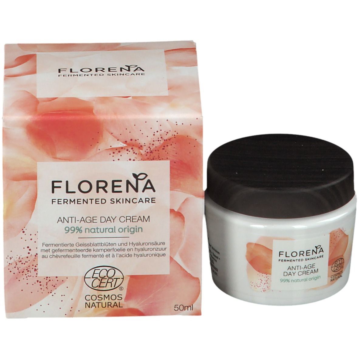 Produktverpackung und Tiegel. Aufschrift FLORENA Anti-Age Day Cream. Mit COSMOS NATURAL Zertifizierung. 50ml.