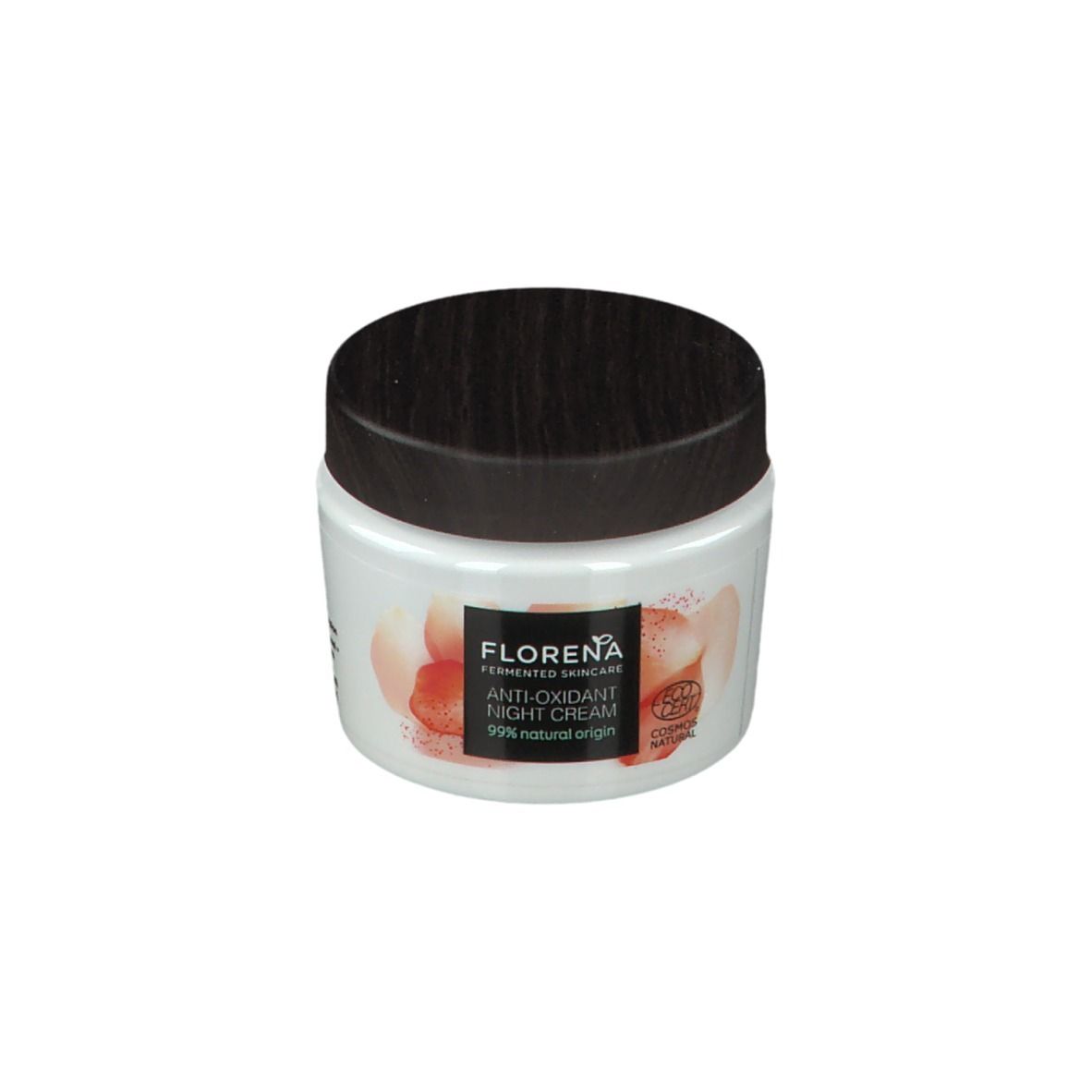 Creme-Tiegel mit schwarzem Deckel. Aufschrift: FLORENA, Anti-Oxidant Night Cream, 99% natural origin. Abbildung von Früchten.