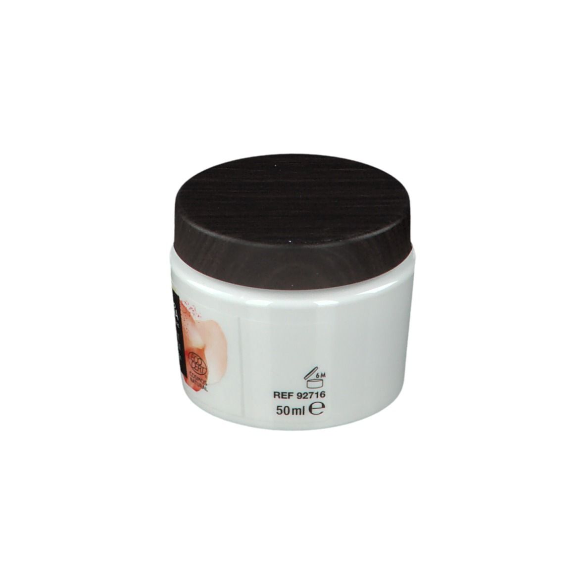 Creme-Tiegel mit schwarzem Deckel. Aufschrift: 50ml e. Auf der Seite ist ein Fruchtmuster abgebildet.