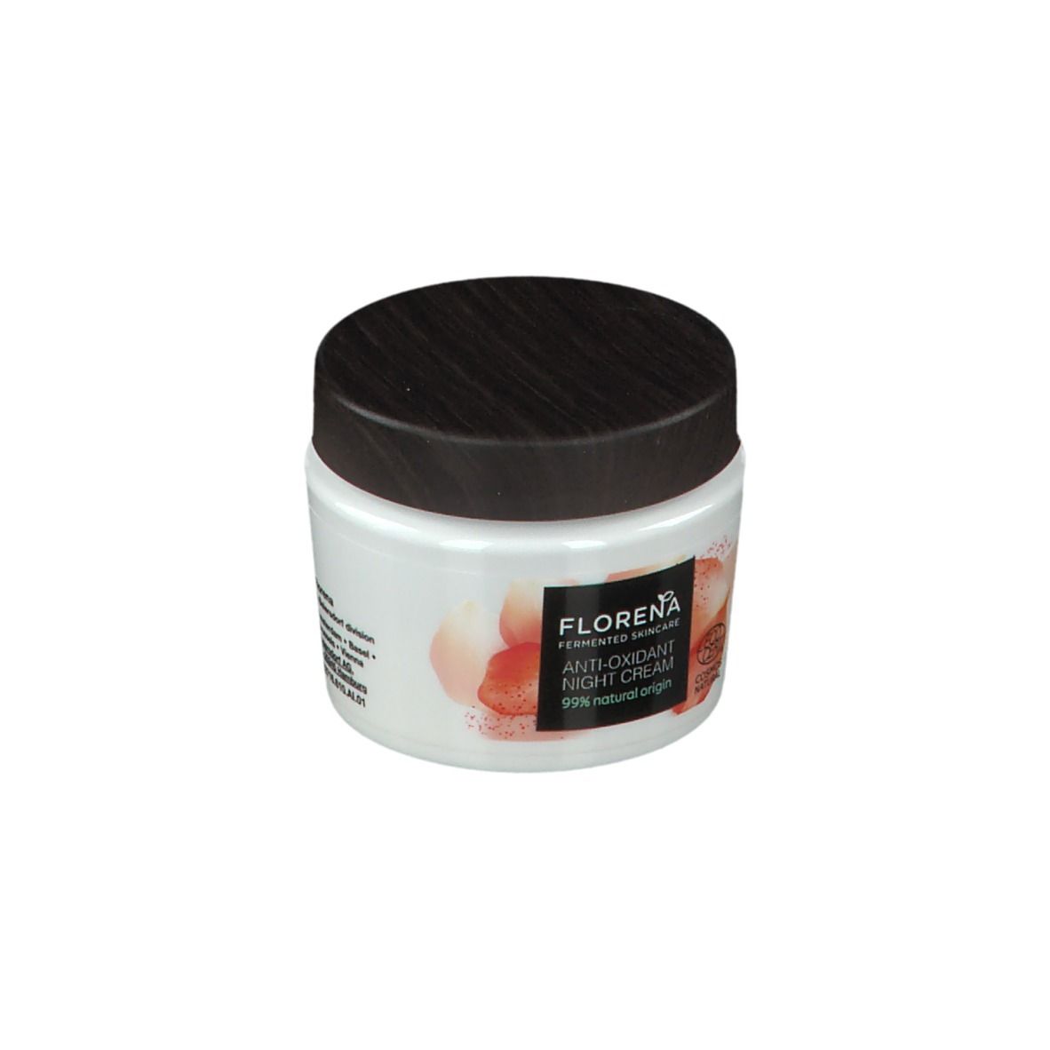 Creme-Tiegel mit schwarzem Deckel. Aufschrift: FLORENA, Anti-Oxidant Night Cream, 99% natural origin. Fruchtmuster.