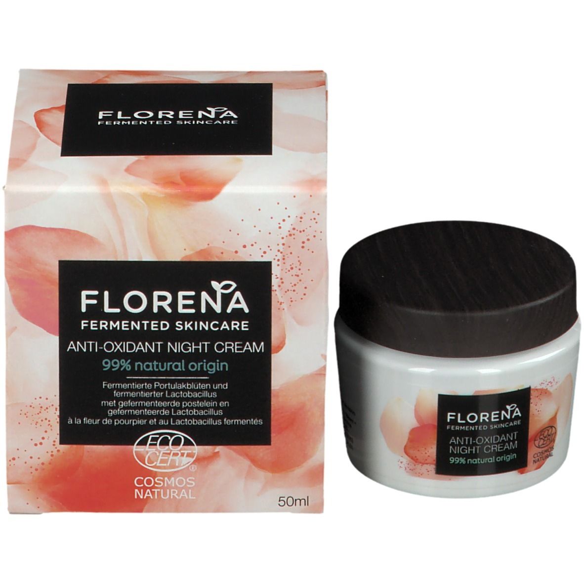 Creme-Tiegel und Verpackung. Aufschrift: FLORENA, Anti-Oxidant Night Cream, 99% natural origin. Mit Cosmos Natural Zertifizierung.