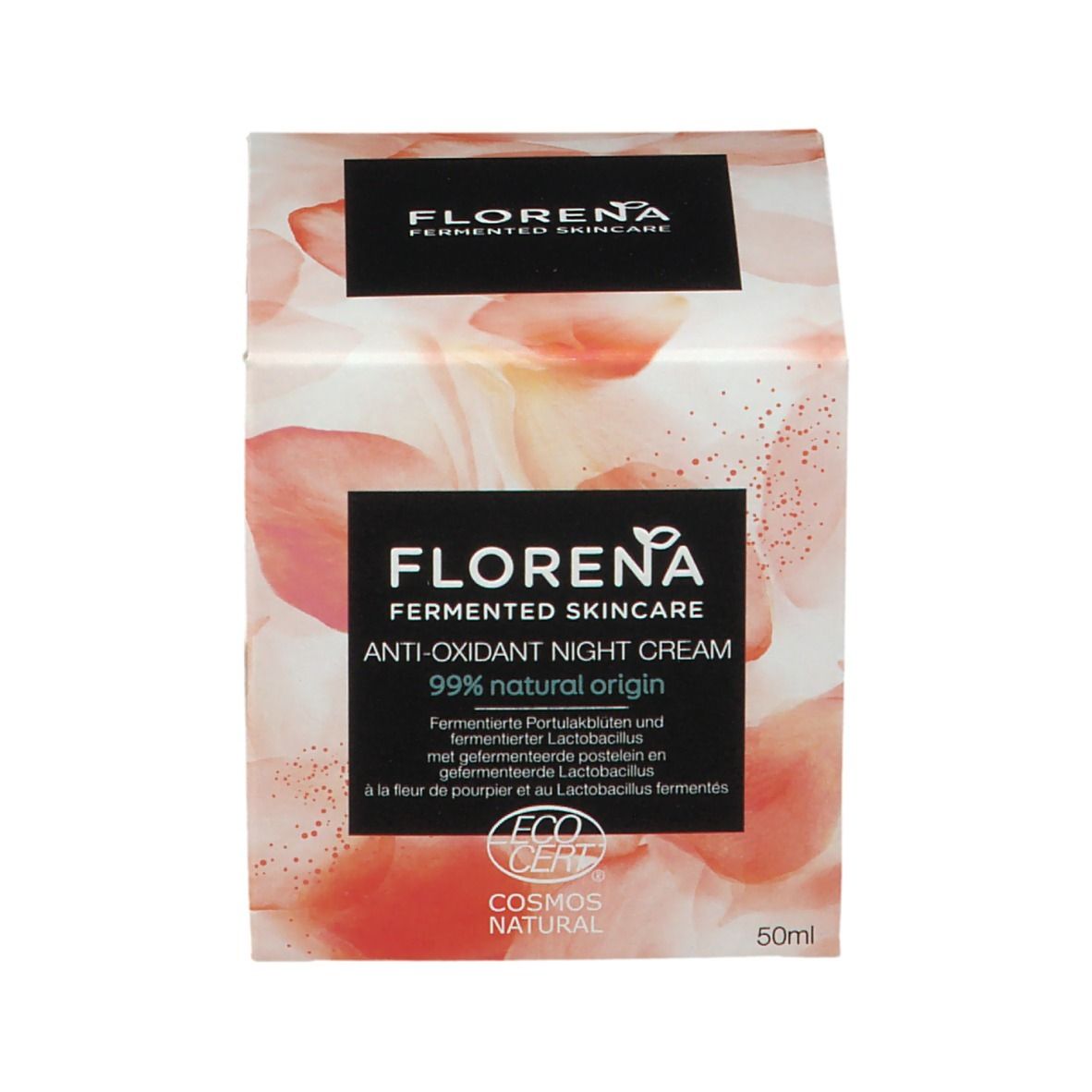 Verpackung mit Aufschrift: FLORENA, Anti-Oxidant Night Cream, 99% natural origin. Mit Cosmos Natural Zertifizierung.